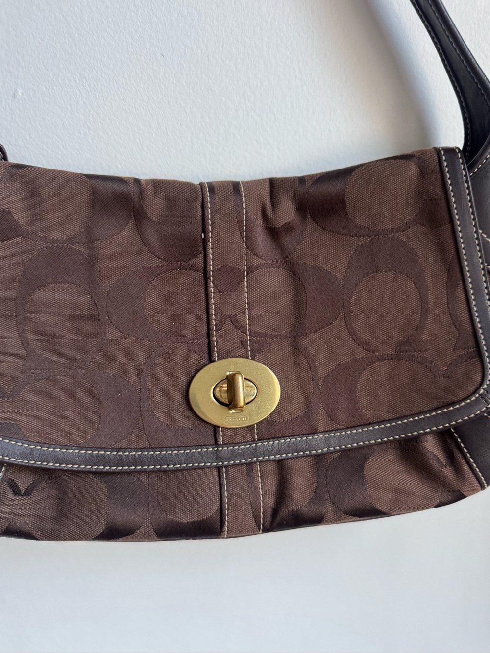 Coach Dark Brown Signature Canvas Shoulder Bag with Gold Turnlock - Picture 2 of 6